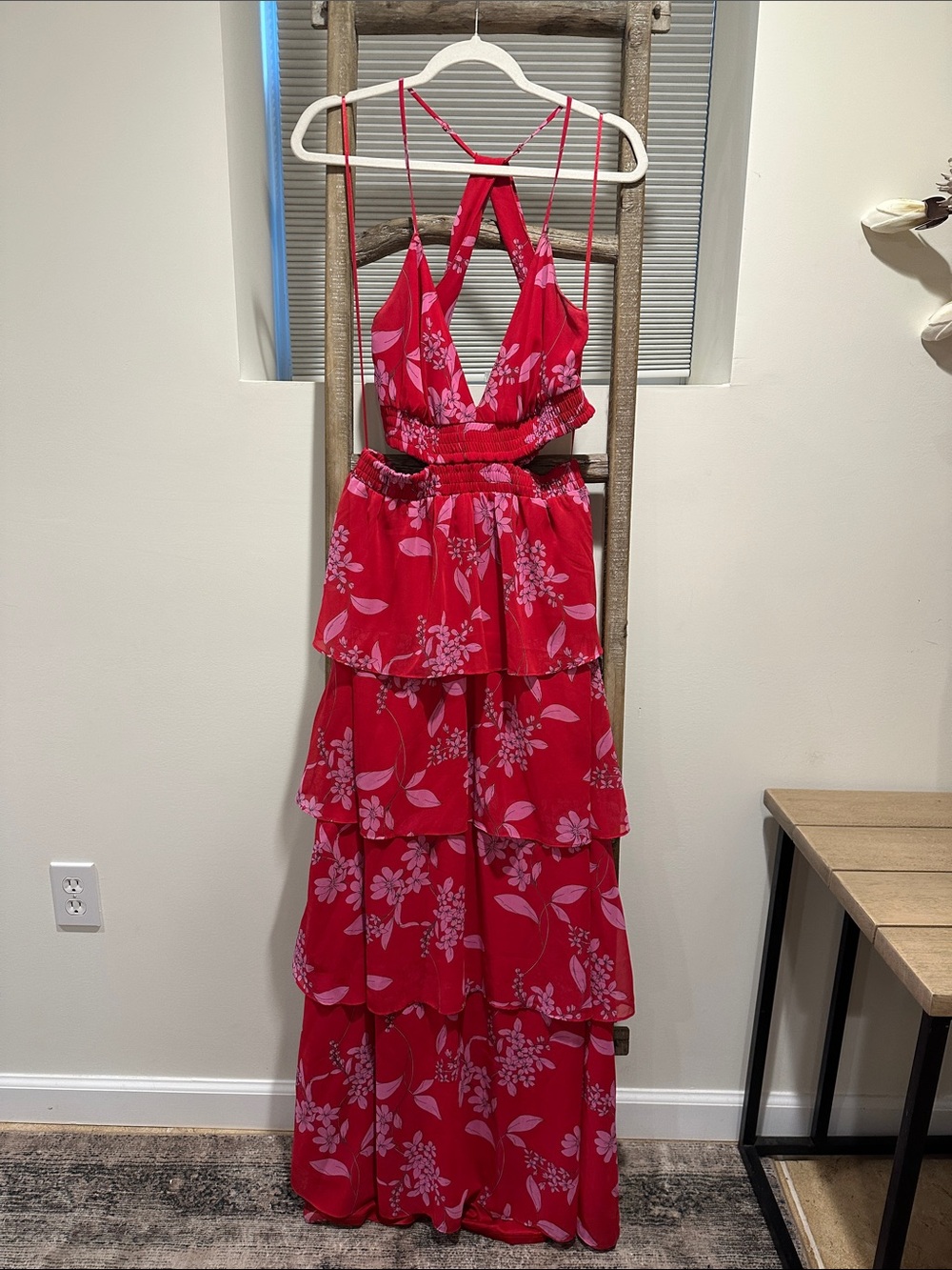 Express Pink-Patterned Red Tiered Maxi Dress